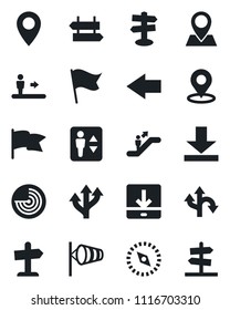 Set of vector isolated black icon - elevator vector, escalator, signpost, left arrow, wind, radar, route, pin, download, place tag, compass, flag, guidepost