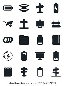 Set of vector isolated black icon - signpost vector, notepad, presentation board, wheelbarrow, battery, low, folder, charge, plates, guidepost