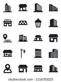 Set of vector isolated black icon - taxi vector, shop, office building, garden light, navigation, store, city house, cafe, storefront