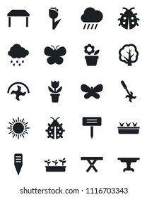 Set of vector isolated black icon - sun vector, flower in pot, ripper, tree, butterfly, lady bug, seedling, rain, plant label, picnic table, tulip