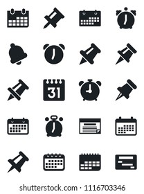 Set of vector isolated black icon - alarm clock vector, drawing pin, calendar, term, paper, bell, schedule