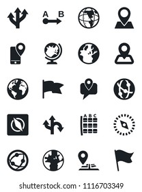Set of vector isolated black icon - globe vector, seat map, route, navigation, earth, pin, mobile tracking, network, compass, flag