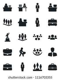 Set of vector isolated black icon - manager vector, pedestal, team, place, client, case, company, desk, group