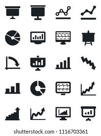 Set of vector isolated black icon - growth statistic vector, presentation board, crisis graph, circle chart, monitor pulse, statistics, bar, pie, point