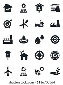 Set of vector isolated black icon - factory vector, bird house, target, sun panel, eco, water, windmill, palm sproute