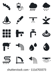 Set of vector isolated black icon - crisis graph vector, watering, water drop, rain, drip irrigation, dropper, menu, supply, sprinkler