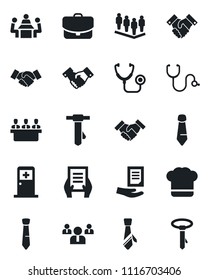 Set of vector isolated black icon - medical room vector, handshake, team, tie, document, stethoscope, meeting, cook hat, case