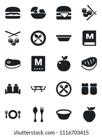 Set of vector isolated black icon - spoon and fork vector, picnic table, cafe, menu, salad, salt pepper, steak, hamburger, bowl, sushi, apple fruit