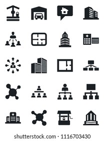 Set of vector isolated black icon - hierarchy vector, well, molecule, hospital, office building, garage, plan, home message