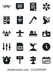 Set of vector isolated black icon - baggage conveyor vector, alarm clock, identity card, team, sproute, axe, plant label, picnic table, signpost, satellite antenna, settings, message, sim, contract