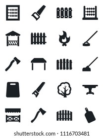 Set of vector isolated black icon - fence vector, tree, saw, fire, hoe, axe, abacus, table, alcove, cutting board