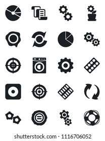 Set of vector isolated black icon - gear vector, contract, stamp, pills blister, rec button, update, pie graph, target, washer, flower in pot, crisis management