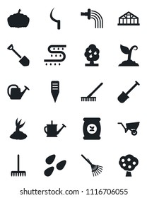 Set of vector isolated black icon - job vector, shovel, rake, watering can, wheelbarrow, sproute, sickle, plant label, pumpkin, greenhouse, seeds, fertilizer, drip irrigation, fruit tree