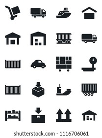 Set of vector isolated black icon - railroad vector, sea shipping, truck trailer, cargo container, car delivery, consolidated, warehouse storage, up side sign, package, heavy scales, rack