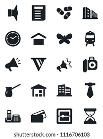 Set of vector isolated black icon - train vector, document, butterfly, pills, warehouse storage, camera, speaker, scanner, clock, office phone, building, credit card, turkish coffee, pennon, tie