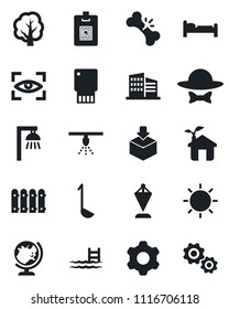 Set of vector isolated black icon - globe vector, bed, pennant, tree, sun, broken bone, package, settings, identity card, pool, fence, office building, dress code, ladle, eco house, outdoor lamp