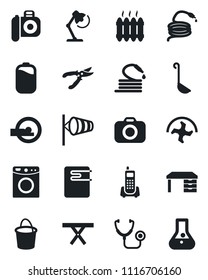 Set of vector isolated black icon - wind vector, desk, ripper, bucket, pruner, hose, picnic table, stethoscope, tomography, office phone, camera, battery, lamp, heater, ladle, water, washer, flask