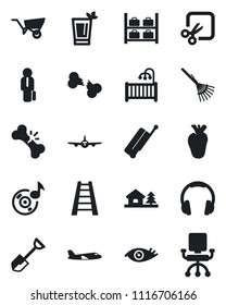 Set of vector isolated black icon - suitcase vector, plane, luggage storage, shovel, rake, ladder, wheelbarrow, real heart, eye, broken bone, headphones, cut, music, manager, house with tree