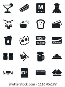 Set of vector isolated black icon - coffee machine vector, cook, menu, reserved, reception, cocktail, beer, bacon, salt and pepper, bread, cafe table, open close, credit card, steaming pan, sushi