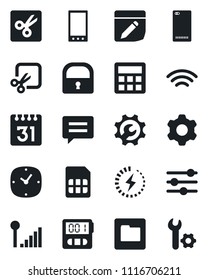 Set of vector isolated black icon - mobile vector, phone back, message, settings, tuning, calculator, clock, stopwatch, sim, folder, calendar, notes, wireless, cut, lock, cellular signal, charge