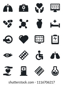 Set of vector isolated black icon - medical room vector, heart, monitor pulse, doctor case, molecule, pills, blister, tomography, hospital bed, disabled, hand, lungs, real, eye, clipboard, flask