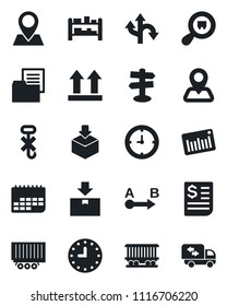 Set of vector isolated black icon - route vector, signpost, navigation, pin, railroad, truck trailer, clock, term, receipt, folder document, up side sign, no hook, package, search cargo, barcode