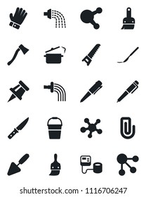 Set of vector isolated black icon - pen vector, trowel, bucket, watering, glove, saw, axe, blood pressure, scalpel, share, themes, drawing pin, paper clip, knife, steaming pan, social media