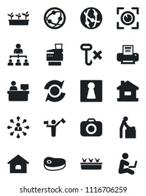 Set of vector isolated black icon - dispatcher vector, female, baby room, hierarchy, manager place, seedling, no hook, camera, network, update, printer, copier, house, steak, eye scan