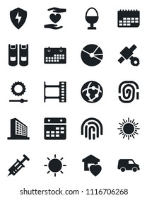 Set of vector isolated black icon - sun vector, office building, book, syringe, heart hand, satellite, term, film frame, protect, network, calendar, brightness, fingerprint id, pie graph, sweet home