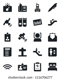Set of vector isolated black icon - elevator vector, escalator, bomb in case, identity card, book, pen, document, pulse clipboard, signpost, office phone, barcode, satellite, radio, mail, wireless