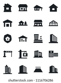 Set of vector isolated black icon - barrier vector, airport building, office, house, greenhouse, hospital, store, warehouse, with garage, tree, crane, estate insurance, cafe, warm floor