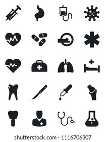 Set of vector isolated black icon - heart pulse vector, doctor case, stethoscope, syringe, dropper, pills, scalpel, tomography, ambulance star, hospital bed, stomach, lungs, caries, implant, joint