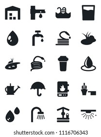 Set of vector isolated black icon - watering can vector, water drop, well, hose, pond, drip irrigation, sea port, umbrella, pool, supply, warehouse, bathroom, drink, heater, filter, sprinkler