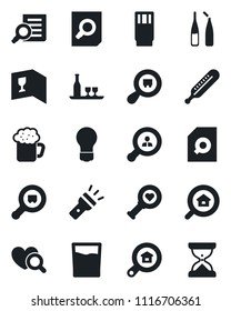 Set of vector isolated black icon - document search vector, bulb, thermometer, heart diagnostic, ampoule, cargo, torch, estate, client, alcohol, wine card, drink, beer, sand clock