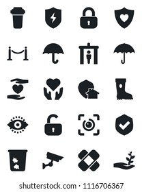 Set of vector isolated black icon - fence vector, security gate, trash bin, boot, patch, heart shield, hand, umbrella, protect, eye id, lock, water filter, home, surveillance, palm sproute
