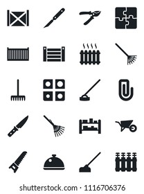 Set of vector isolated black icon - rake vector, wheelbarrow, pruner, saw, hoe, scalpel, cargo container, rack, application, paper clip, heater, dish, knife, radiator