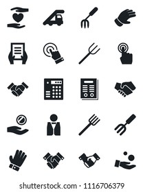 Set of vector isolated black icon - ladder car vector, handshake, document, garden fork, farm, glove, heart hand, touch screen, contract, waiter, combination lock, investment