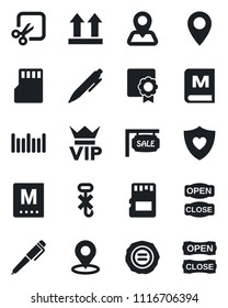 Set of vector isolated black icon - vip vector, pen, stamp, heart shield, navigation, pin, up side sign, no hook, barcode, sd, cut, place tag, sertificate, sale, menu, open close