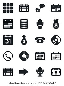 Set of vector isolated black icon - right arrow vector, calendar, circle chart, microphone, menu, calculator, phone, home message, money bag