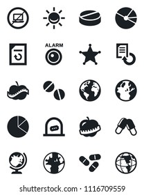Set of vector isolated black icon - no laptop vector, ticket office, globe, document reload, pills, diet, earth, pie graph, police, alarm led