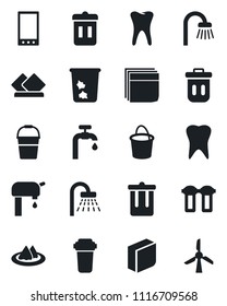 Set of vector isolated black icon - trash bin vector, shower, bucket, tooth, mobile, blank box, water supply, bathroom, serviette, filter, windmill