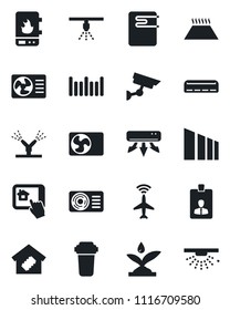 Set of vector isolated black icon - plane radar vector, identity card, sorting, barcode, air conditioner, smart home, irrigation, water heater, control app, filter, warm floor, surveillance