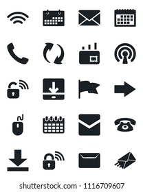 Set of vector isolated black icon - right arrow vector, mail, mouse, calendar, call, update, download, wireless, phone, lock, flag