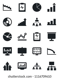 Set of vector isolated black icon - growth statistic vector, monitor, circle chart, pulse, clipboard, statistics, presentation board, bar graph, pie, point, hierarchy, arrow up, crisis