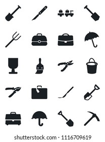 Set of vector isolated black icon - suitcase vector, umbrella, baggage larry, job, shovel, farm fork, bucket, pruner, scalpel, fragile, themes, case, hard work