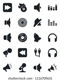 Set of vector isolated black icon - vinyl vector, flame disk, microphone, speaker, equalizer, headphones, fast forward, rewind, rca, bell, mute, sound, advertising