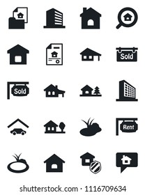 Set of vector isolated black icon - office building vector, house, pond, with garage, tree, estate document, rent, sold signboard, search, smart home, insurance, message