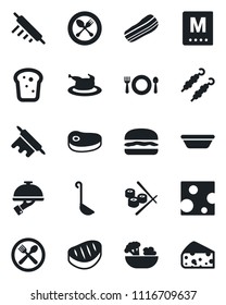 Set of vector isolated black icon - spoon and fork vector, cafe, menu, salad, bacon, waiter, bread, chicken, steak, kebab, hamburger, ladle, bowl, rolling pin, sushi, cheese