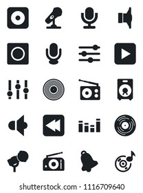 Set of vector isolated black icon - vinyl vector, microphone, radio, speaker, settings, equalizer, play button, rewind, rec, tuning, bell, record, music