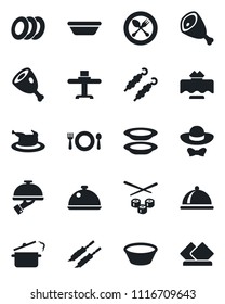 Set of vector isolated black icon - spoon and fork vector, dish, restaurant table, cafe, plates, waiter, dress code, chicken, kebab, ham, bowl, steaming pan, sushi, serviette
